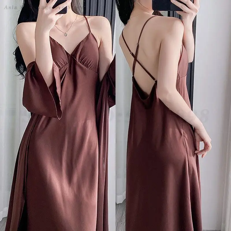 

Женская сексуальная длинная ночная рубашка, халат, комплект-двойка, весна-лето, шелковая атласная одежда для сна, ночное платье, свободная повседневная домашняя одежда