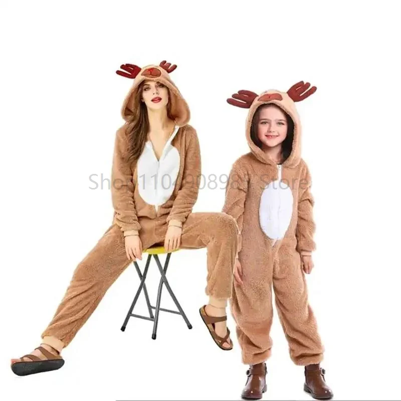 

Children and Adults Christmas Reindeer Deer Costumes,Santa Claus Costume Sets,Brown Jumpsuit dress Unisex Onesie