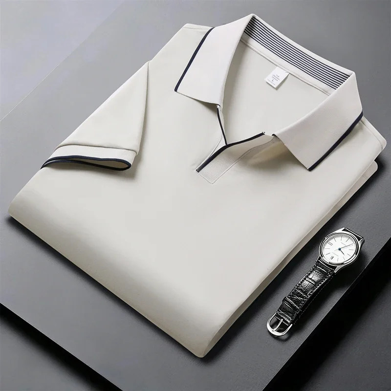 Men thin ice silk short sleeve polo shirt lapel piping trim open placket breathable slim summer business daily casual top