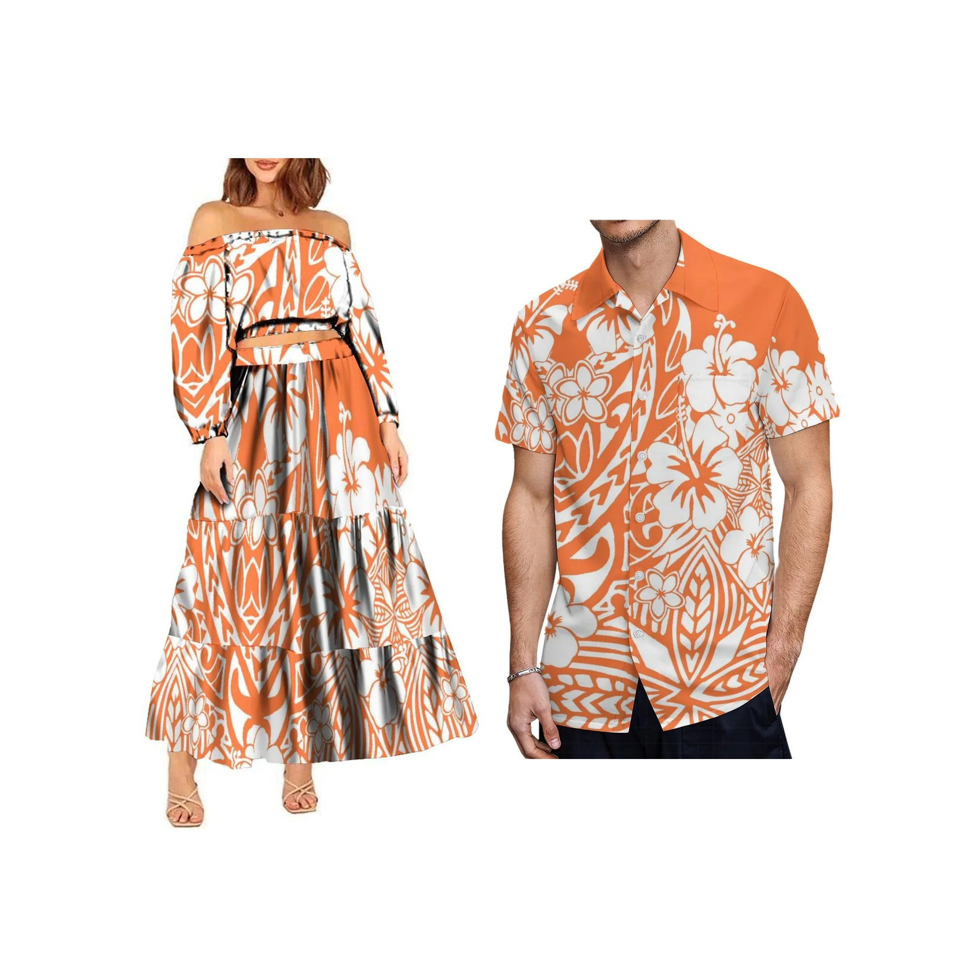 

New Arrival Tapa Polynesian Tribal Ladies Long Sleeve Half Shoulder Crop Top and Long Tiered Skirts Two Piece Set Girls Dress