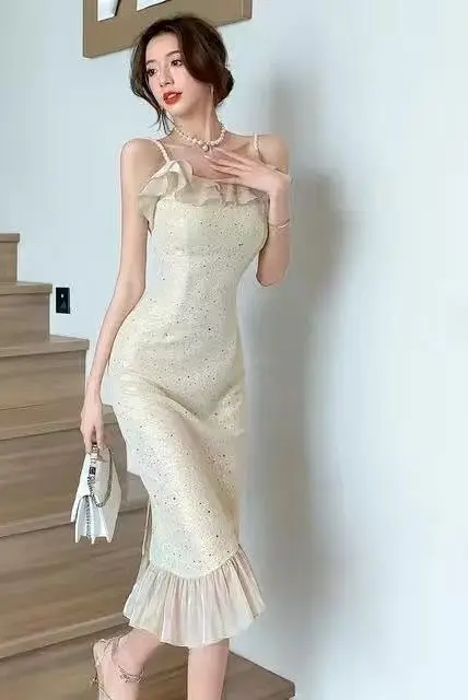 Summer Sequin Pearl Cami Dress for Women – Off-Shoulder Ruffle Hem Mermaid Mini Dress Elegant Party Outfit with Socialite Vibes
