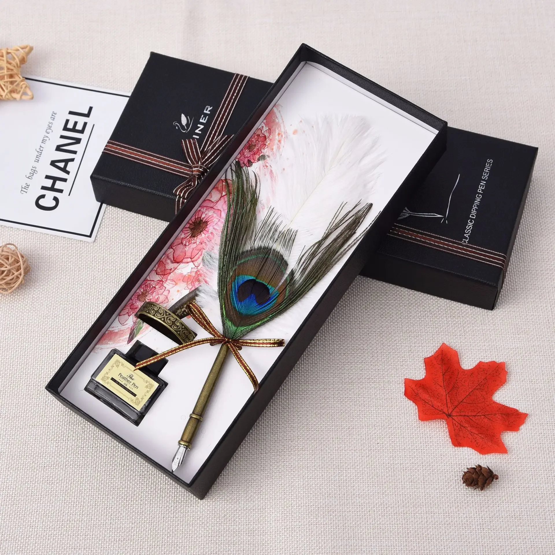 1set Gift Box Feather Pen Set Creative Fountain Pen Custom Christmas Gift Box Stationary Supplies