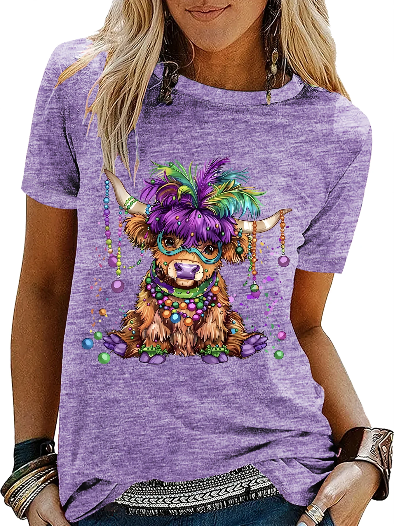 T-shirt da donna Mardi Gras manica corta cartone animato mucca scozzese delle Highland estate casual festival regalo per feste multi colori disponibili