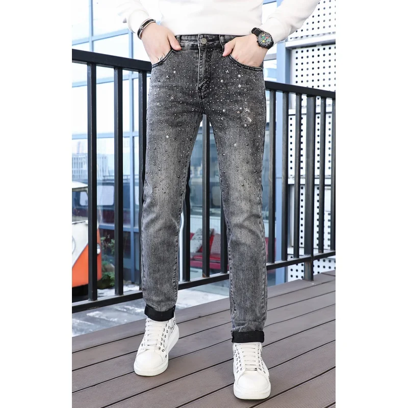 

2024new full body rhinestone design fashion jeans men's light luxury high-end fashion elastic slim fit skinny gray trousers