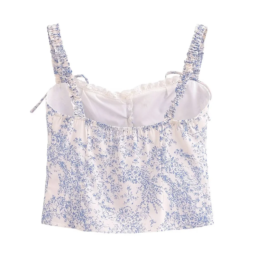 Zach Ailsa 2024 Summer New Women's Fashion Versatile Square Neck Sleeveless Fragmented Flower Print Short Suspended Strap Top