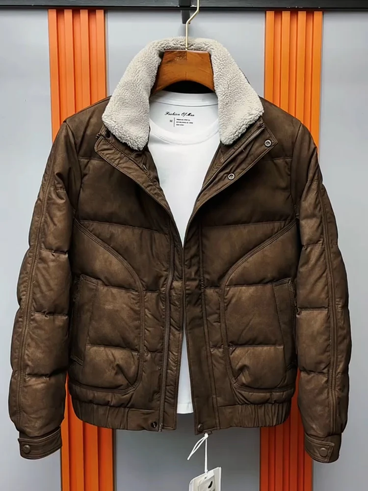 

Men's ort down Jaet 2025 Winter New Sle Stand Collar Leather Outerwear Korean Version Slim Fit Trendy Warm Du down