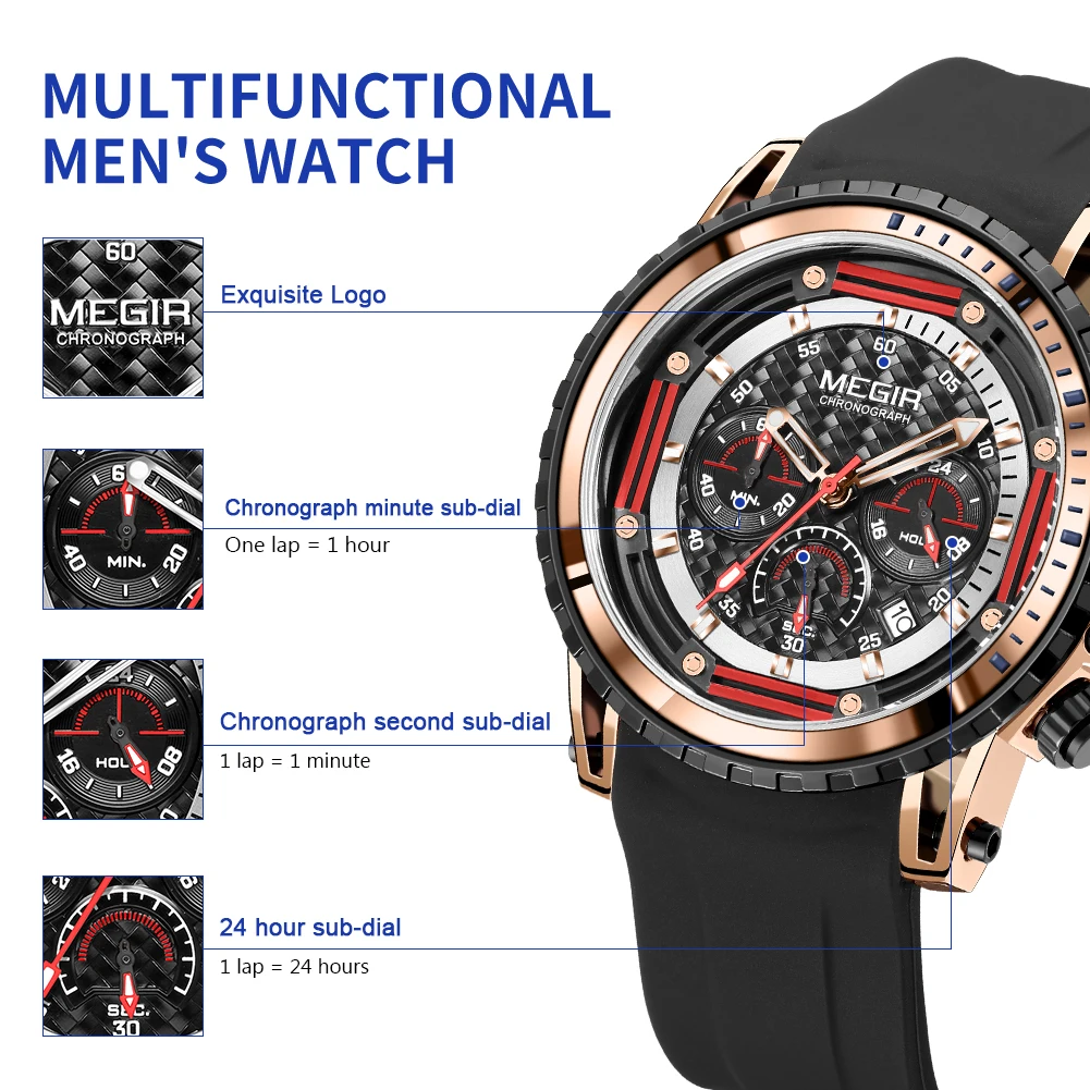 MEGIR Luxury Brand Men Sports Watches Silicone Strap Military Quartz Waterproof Chronograph Clock Male Wristwatches Auto Date