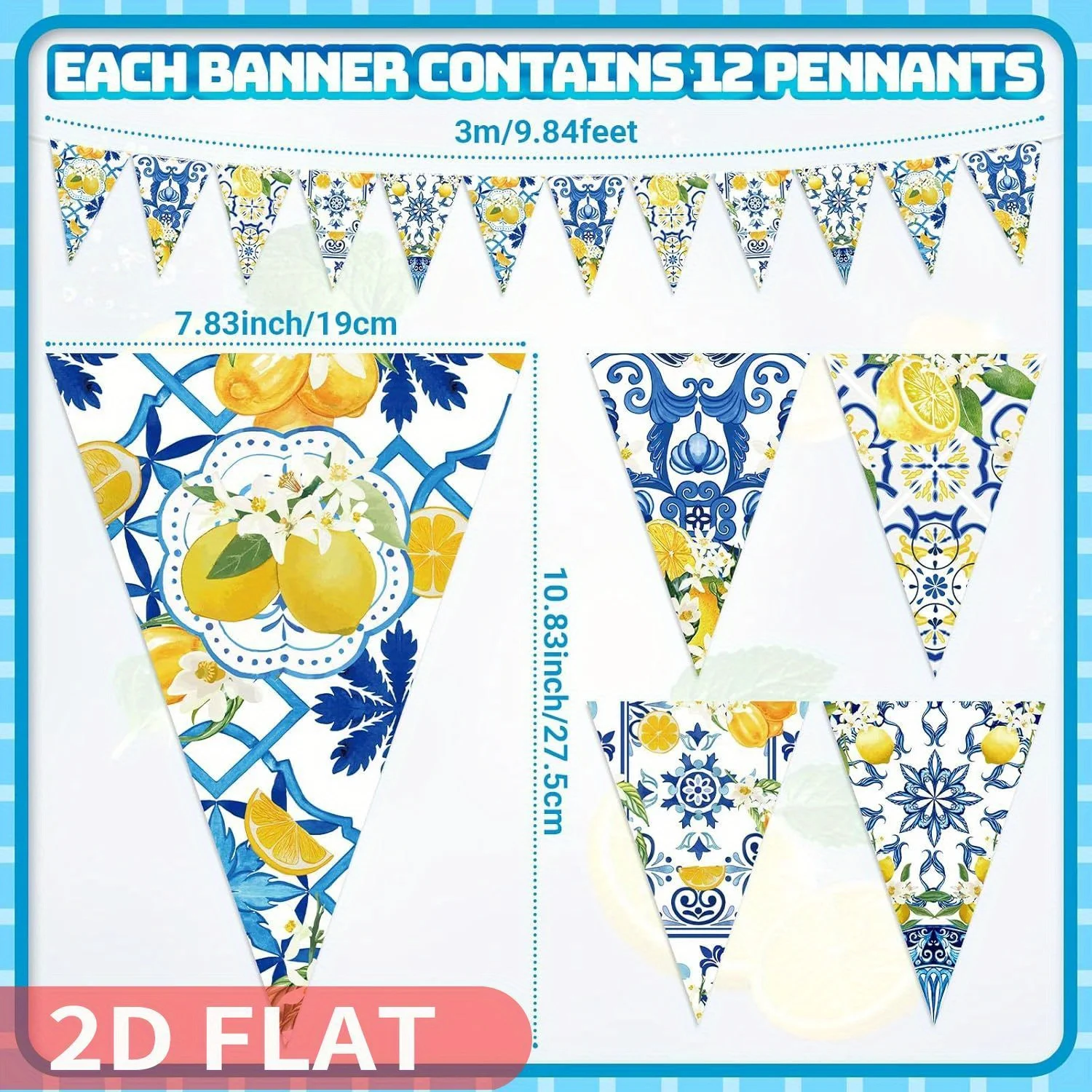12pcs Blue Tiles Lemon Bunting Banners, Party banner Pennant Flags