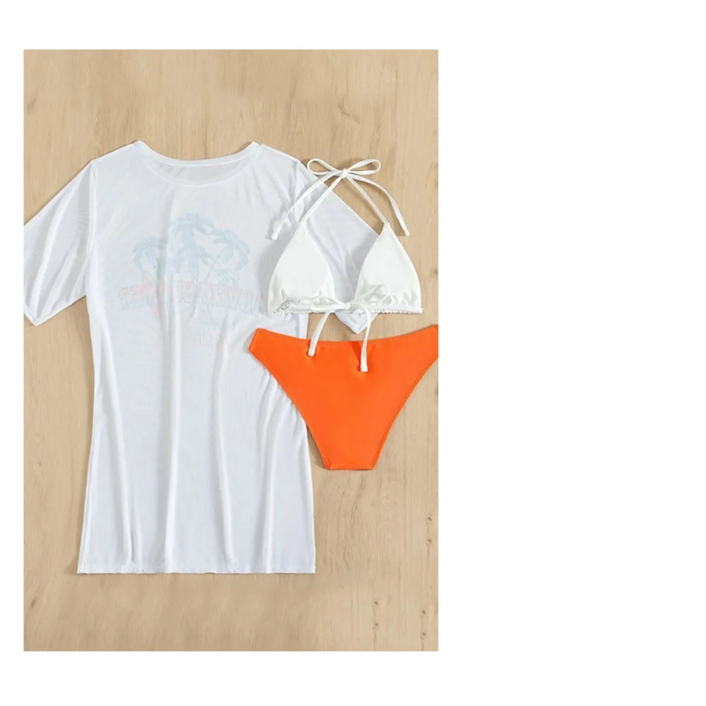 3 Piece Women Bikinis Set Oversized Beach Cover Up T-Shirt  Sleeve Lovely Palm Tree Print Beachwear Vacation Summer Swimsuit