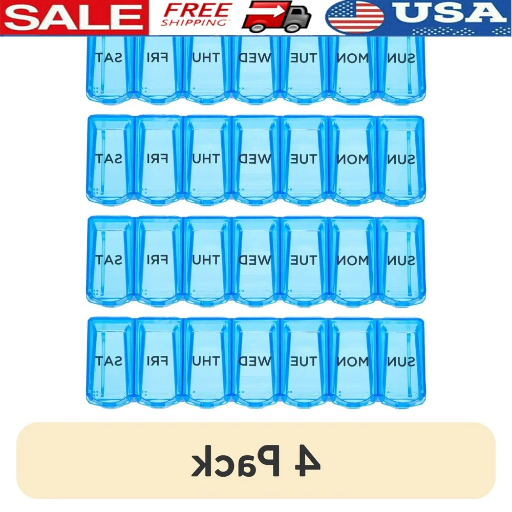 

XL Weekly Pill Planner 4 Pack AM PM Medication Organizer 7 Compartments Easy Open Braille Markings Snap Close Portable Health