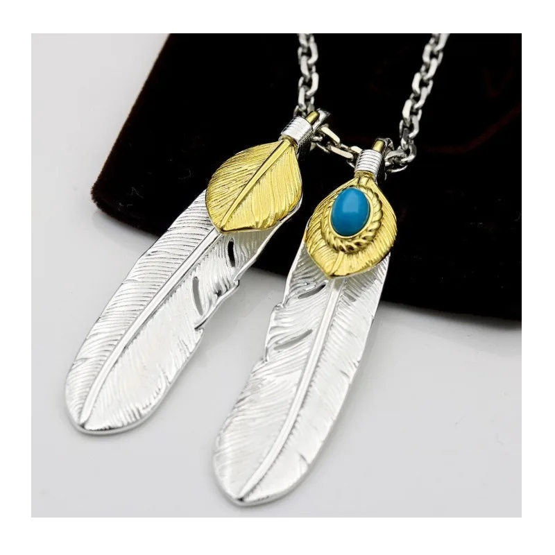 

Japan Takahashi'Goro Turquoise Feather Gold Plated Leaf Pendant Taijiao Chain Versatile Male and Female Long Necklace