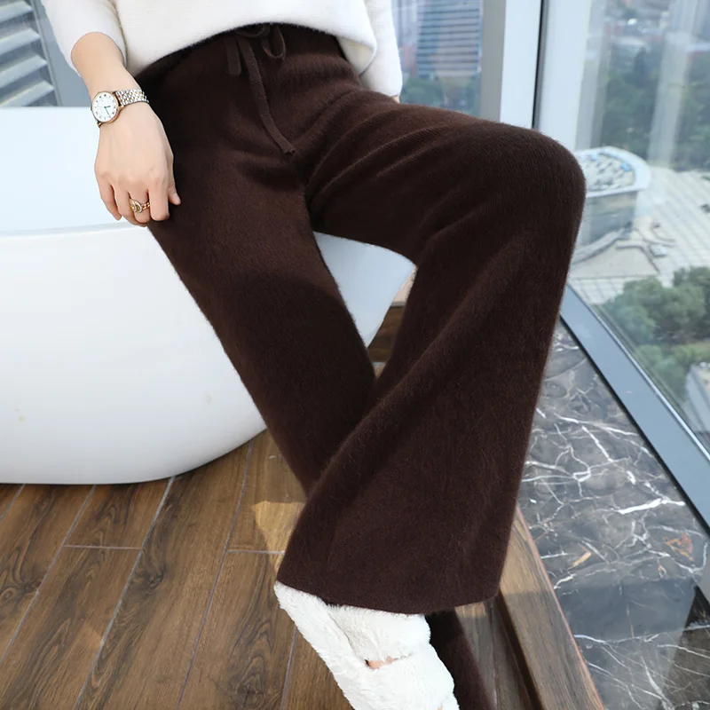 ฤดูใบไม้ร่วงใหม่ 100% Pure Mink Cashmere กางเกงขากว้างสุภาพสตรี Elastic High เอวหนาถักกางเกงสบายๆแบนหลวมตรงกางเกง