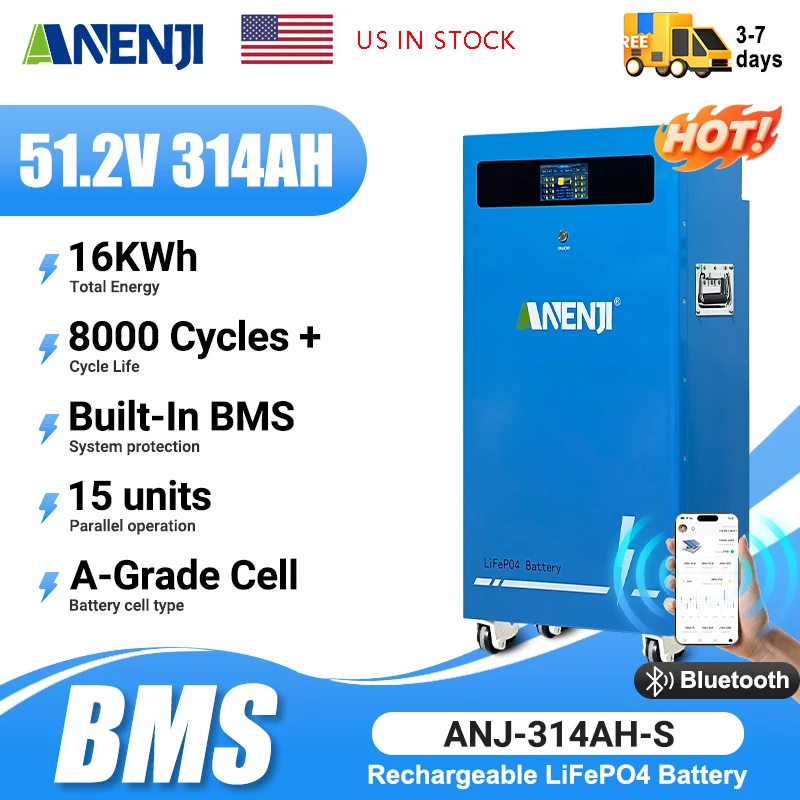 ANENJI 51.2V LiFePO4 Battery 300Ah 48V 15KWH 6000+ Cycles A Cells With CAN RS485 BMS Support Parallel for Home Rack mounted