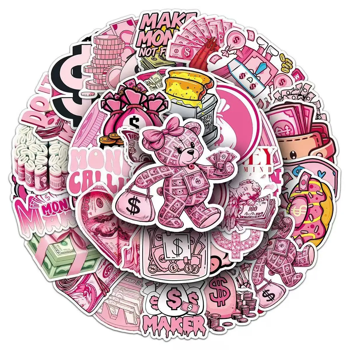 50Pcs Cute Pink Dollar Coin Cartoon Stickers Trendy Creative Decorative Decals Perfect for Helmet Luggage Travel Accessories view 4