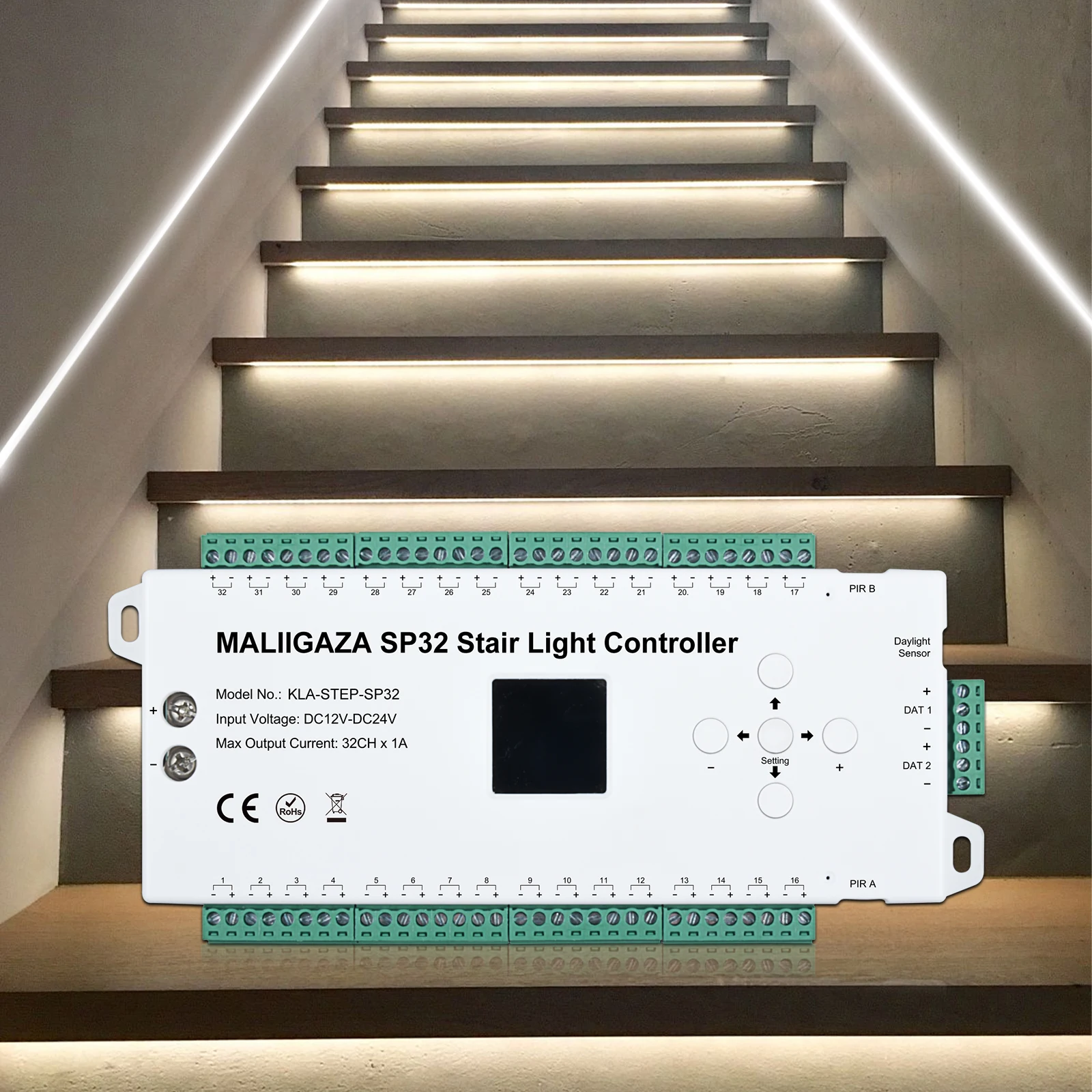 Motion Sensor Stair Light Strip Stair Controller With Daylight Sensor 1-32steps SPI Side and Step Stair COB LED Strip Lighting