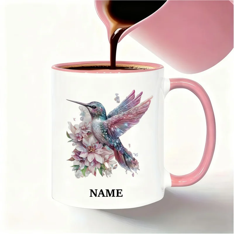 Customizable Name Mug with Glitter Hummingbird & Flowers – Machine Washable Coffee Cup – Perfect Birthday and Holiday Gift