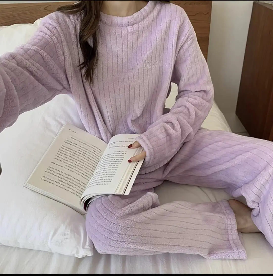 New Women Pyjamas Sets Warm Pajama Flannel Thick Homewear Long Sleeve Cartoon Sleepwear Female Pajamas Suit Wearable 2 Piece