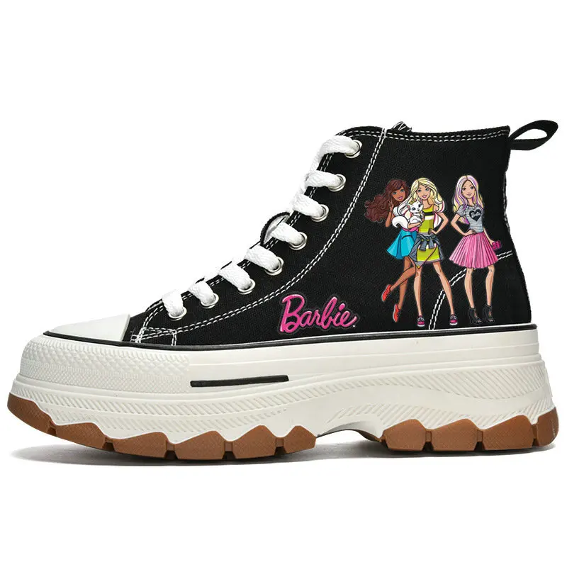 Girls Barbie Canvas Shoes Woman High Top Girls Elevator Shoes Casual Sneakers Cartoon Barbie Tennis shoes Size 35-40