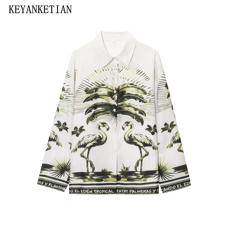 

KEYANKETIAN 225, осенняя новая женская рубашка в тон с принтом, однобортные свободные блузки с длинными рукавами в стиле ретро, топ