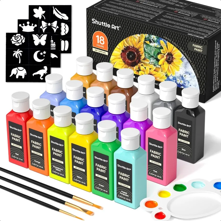

Shuttle Art Fabric Paint 18 Colors Permanent Soft Fabric Paint in Bottles 60ml 2oz with Brushes Palette Stencils NonToxic Texti