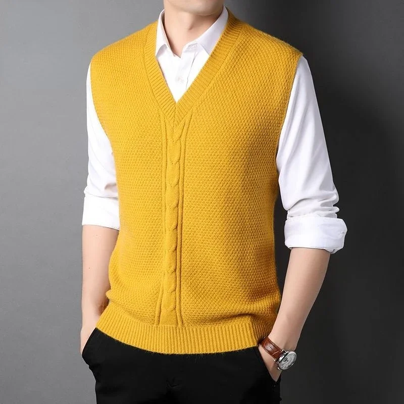 

Sweater Vest Mens Solid Color V-neck Sleeveless Knitted Retro Soft Loose Casual Thicken All-match Chic Waistcoats for Male