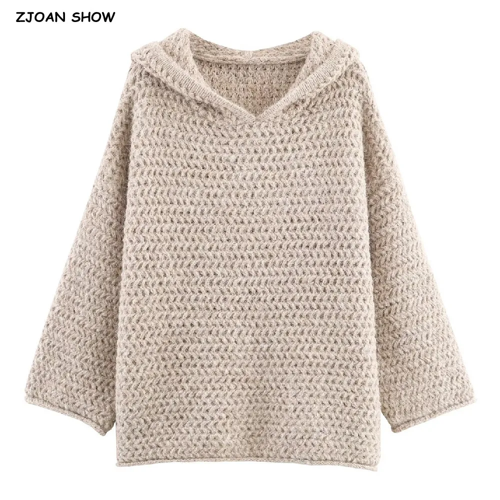 

Новый зимний однотонный абрикосовый вязаный свитер с капюшоном CHILL 2025 года, женский свободный толстый трикотаж с длинными рукавами, джемпер большого размера