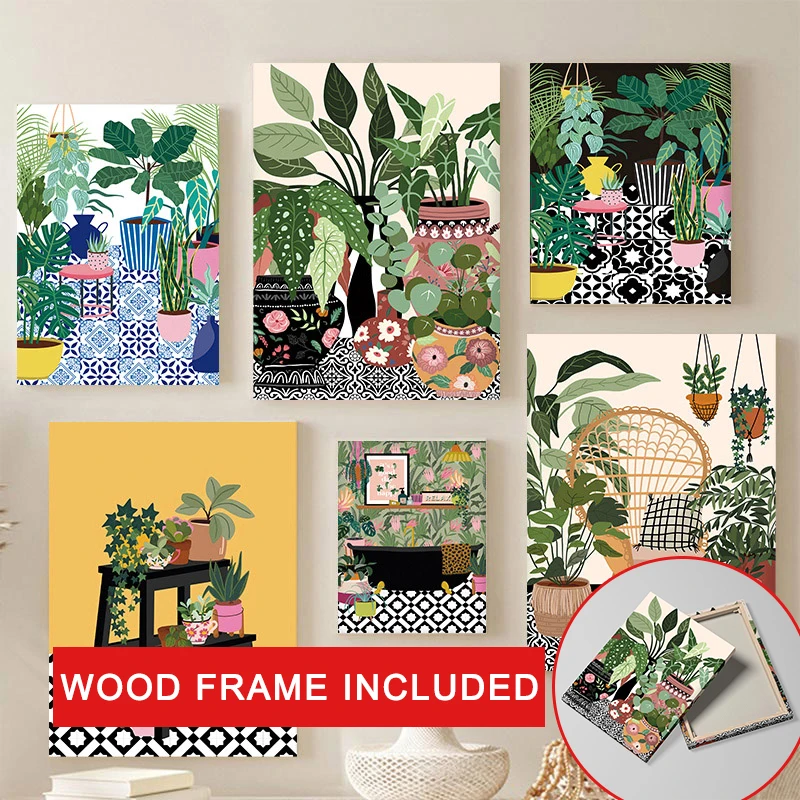 

Framed modern flat illustrations, indoor green plant themes Home Decor Vintage Poster, Wall Art Print Bohemian Vintage Poster