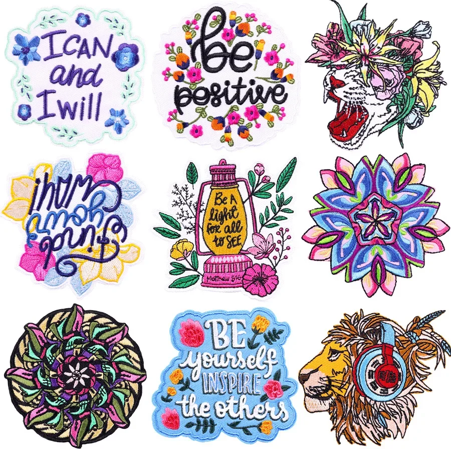 Cartoon Embroidery Patches Bohemian Positive Floral Slogan DIY Iron on Patches Clothes Badges Bags Hats Personalized Accessories