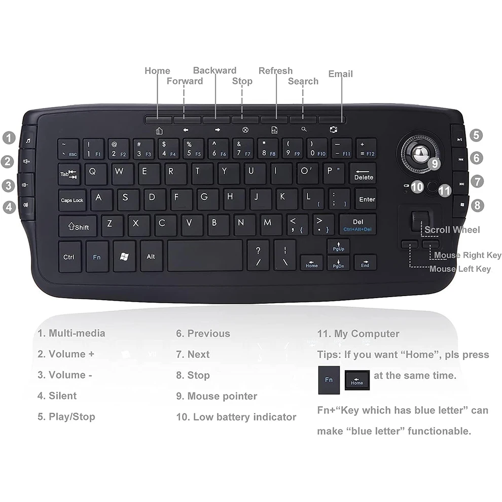 Multimedia 2.4Ghz Wireless Mini Keyboard with Trackball Mouse Scroll Wheel for PC Mac Android Tv Box, Remote Controller