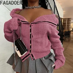 FAGADOER Fashion High Street Hot Girl Y2K Clothing Women Off Shoulder Button Long Sleeve Knitted Cardigan Casual Irregular Tops