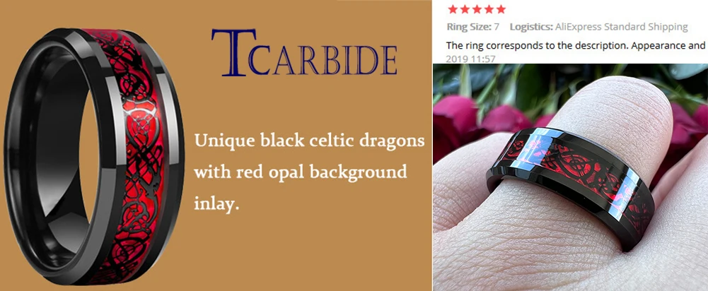 8MM Black Mens Womens Tungsten Carbide Engagement Wedding Ring With Red Opal Dragon Inlay Superior Gift Jewelry Comfort Fit