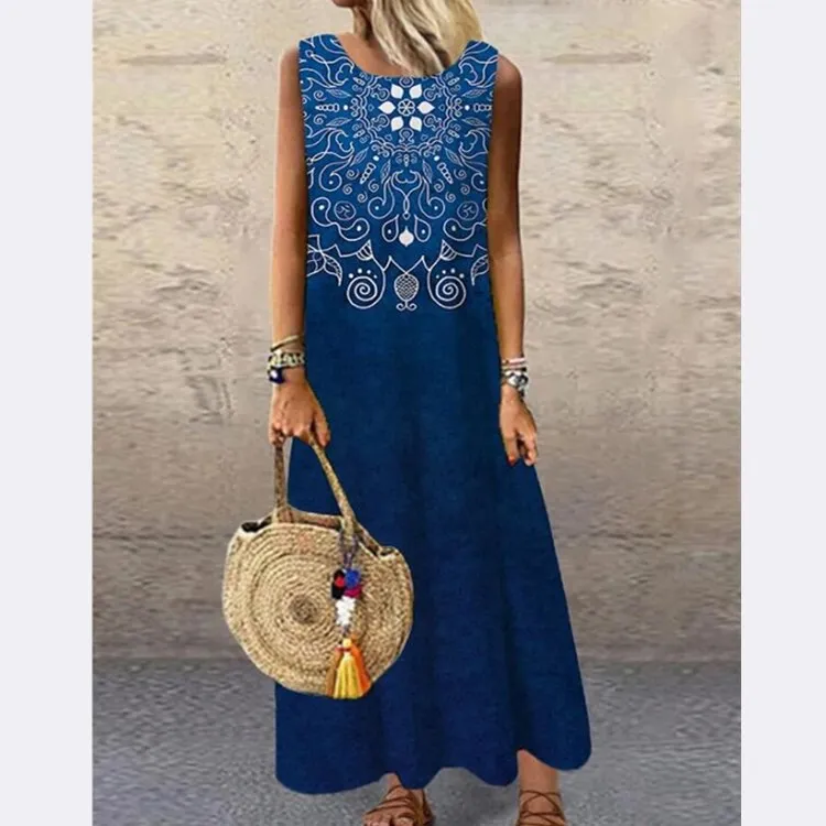 Vintage Floral Printed Women Sleeveless Sundress Summer Loose Casual Beach Long Dress Ladies Bohemia Maxi Dresses Party Vestidos