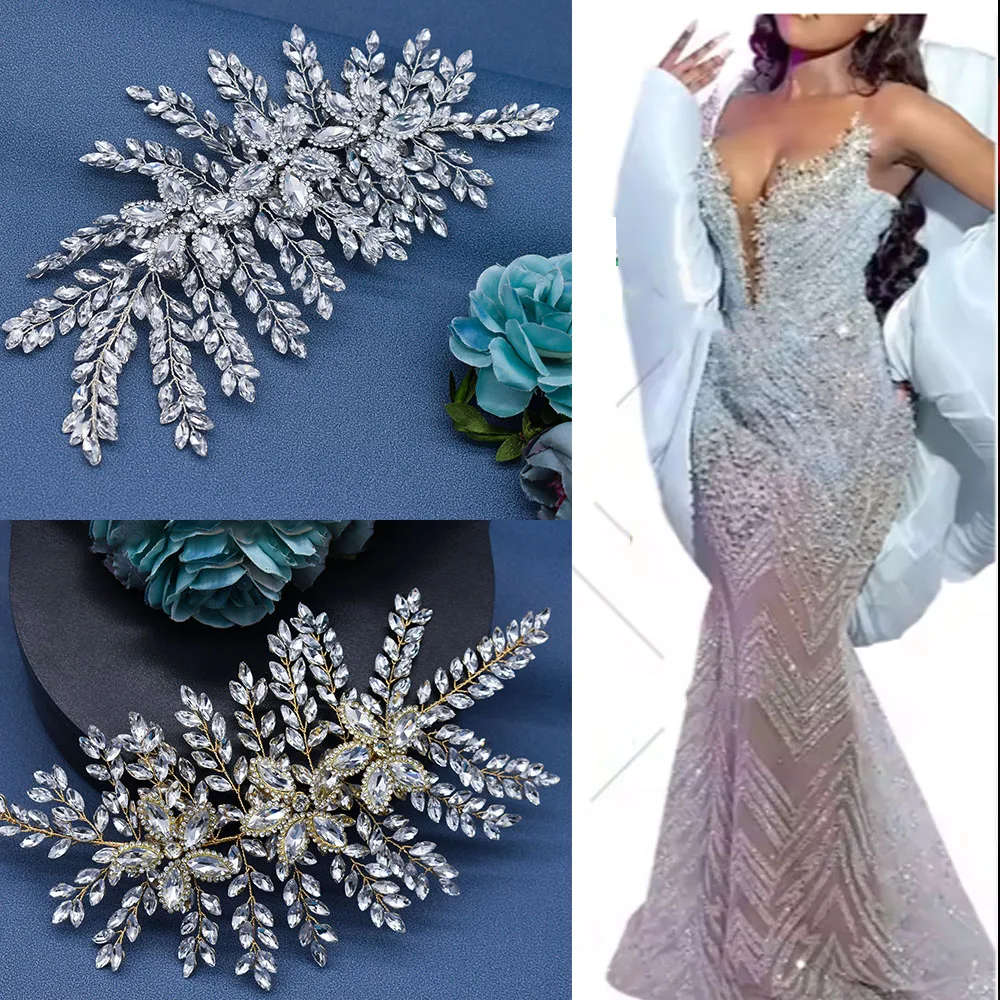 

DZ012 Rhinestone Applique Exquisite Bridal Dress Decoration Crystal Silver Gold beaded Applique for Dress Accessory Sewing