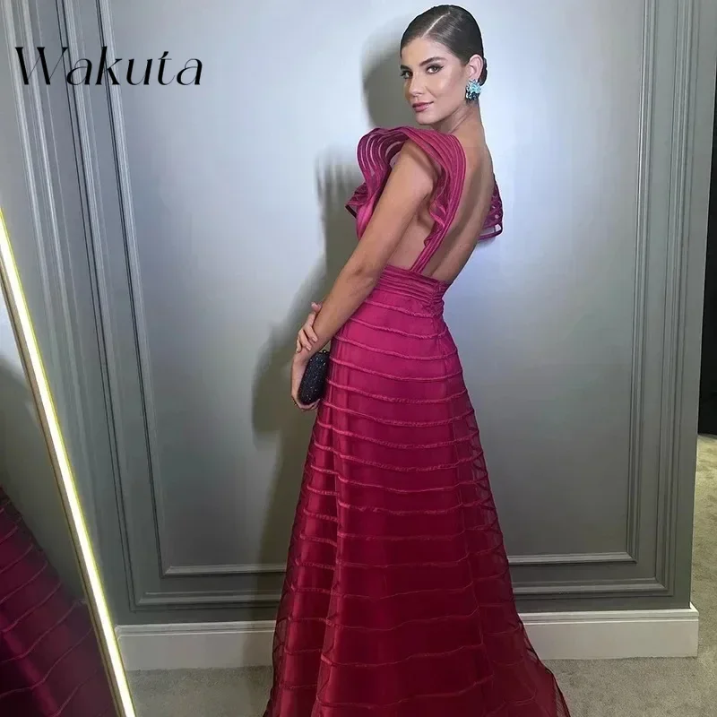 Wakuta Sexy A Line Evening Dresses Cap Sleeves Deep V Neck Prom Gowns Floor Length Women Party Special Occasion Vestidos De Gala