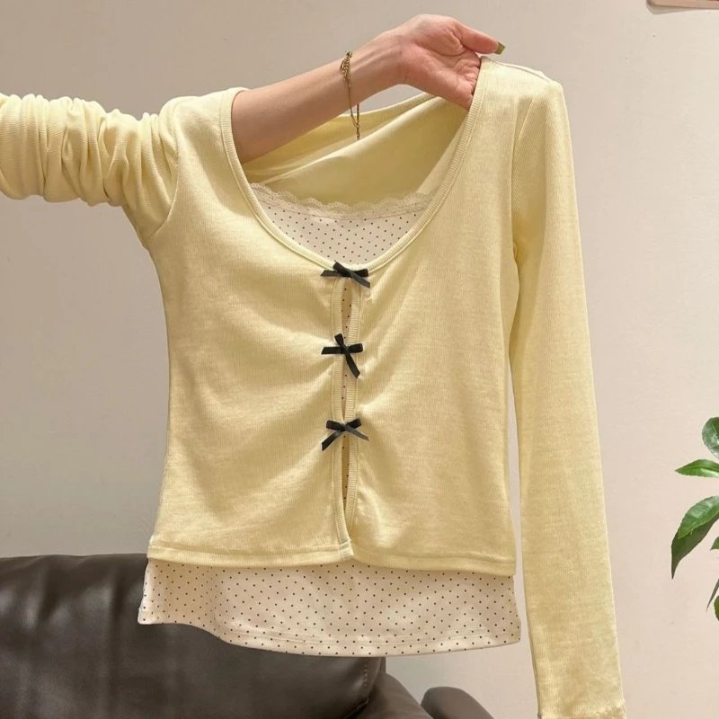 

Deeptown Shoujo Girl Lace Bow T-Shirts Women Sweet Butter Yellow False Two-piece Tees Korean Style Elegant Coquette Slim T-Shirt