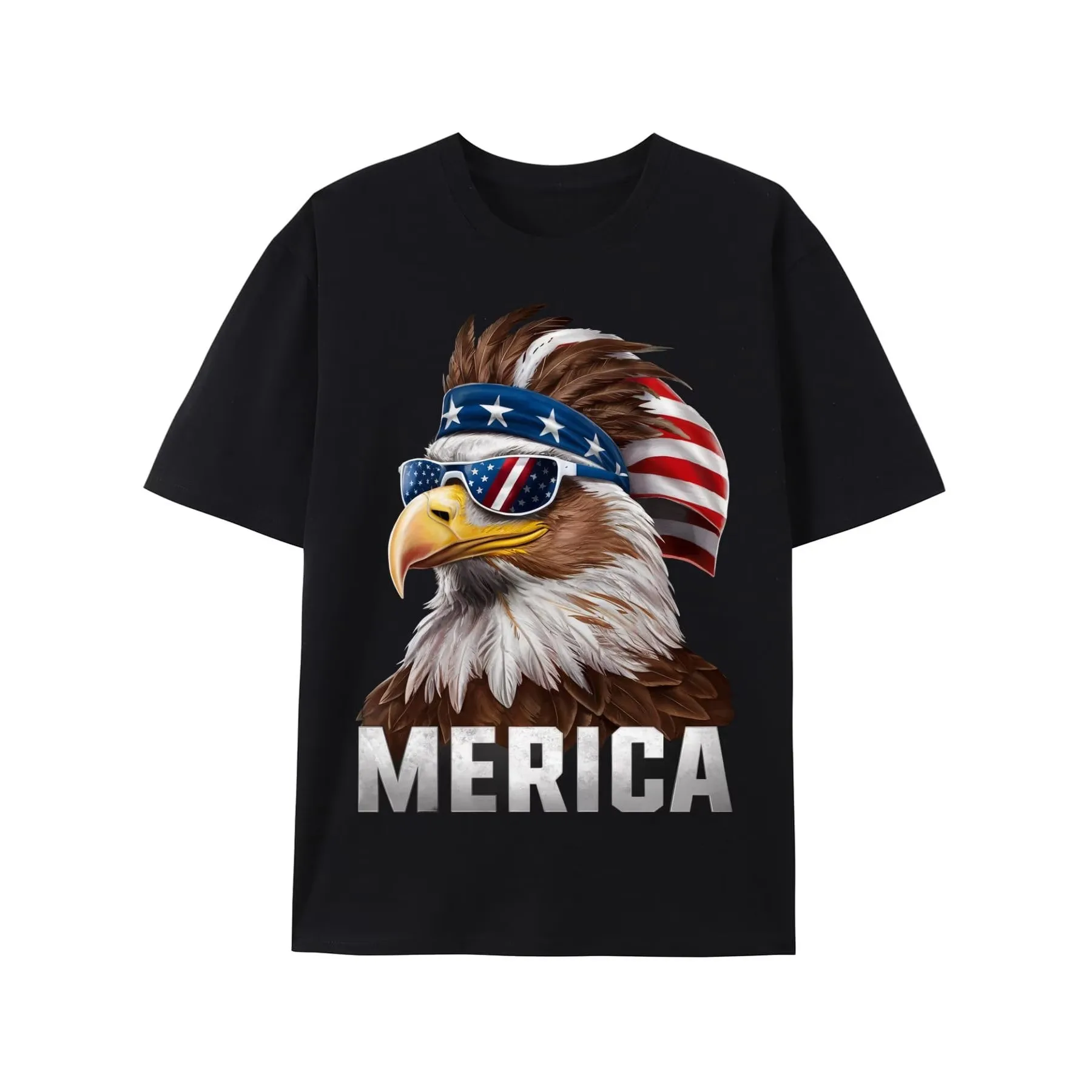Patriotic Bald Eagle Merica Graphic Tee USA Flag 4th of July Crew Neck T-Shirt for Men Women Kids