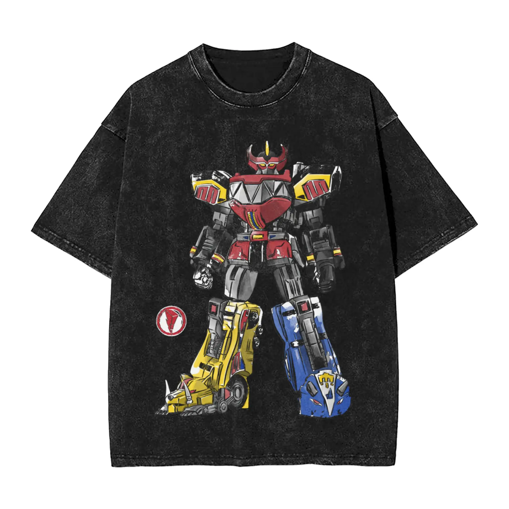 Vintage Mighty Morphin Megazord sumi e T-Shirt Men Round Collar Cotton Washed T Shirt  Short Sleeve Tees Gift Idea Clothes
