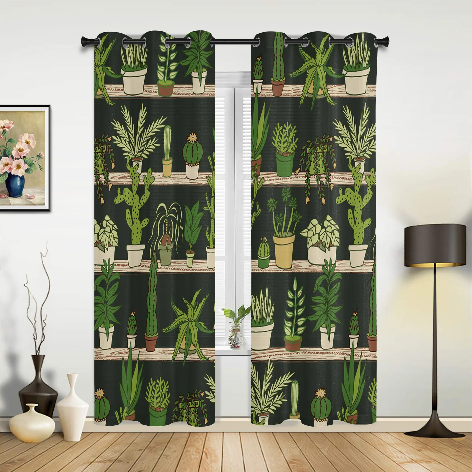 Kitchen Window Curtains Cactus Plant Green Adult Children Bedroom Decoration Living Room Hanging ClothTreatment Curtains