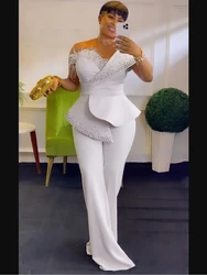 2025 Vintage Pearl Feather Sleeveless Patchwork Women Party Evening Prom Straight Jumpsuits 2025 Summer Sexy Playsuit Outfit
