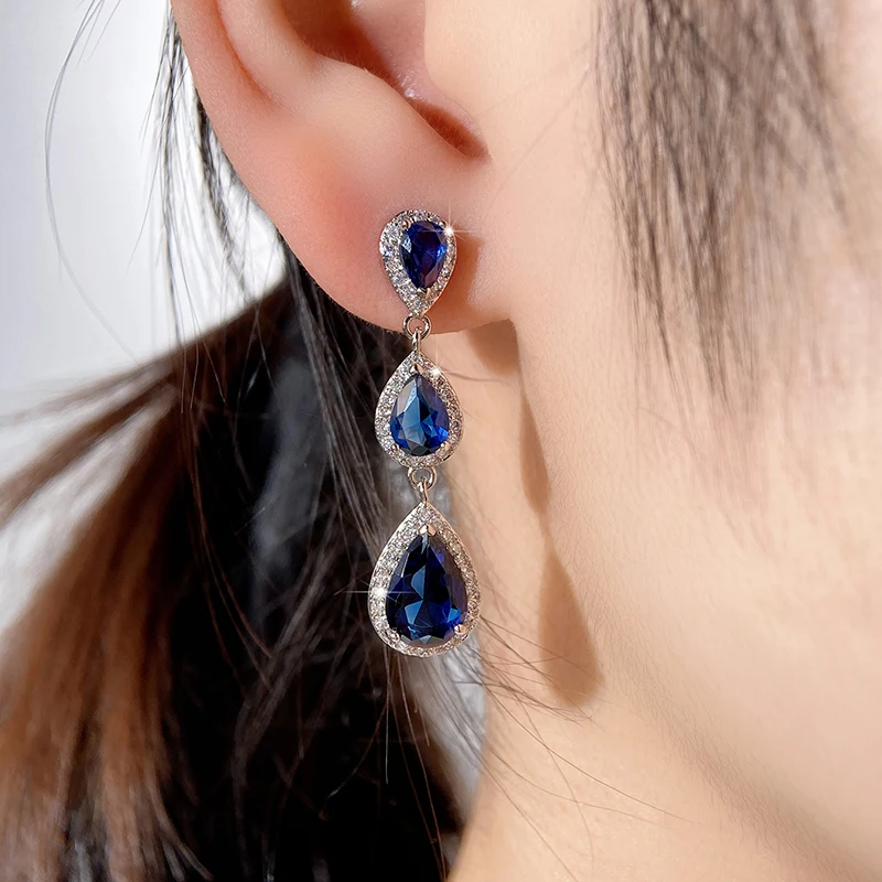 Huitan Blue Cubic Zirconia Dangle Earrings for Women Temperament Engagement Wedding Accessories Anniversary Gift Fashion Jewelry