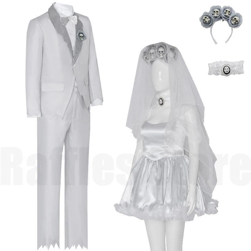 2024 New Zombie Bride Emily Cosplay Skirt Costume Victor White Suit Corpse Halloween Couple Role Playing Wedding Veil Cos Sets