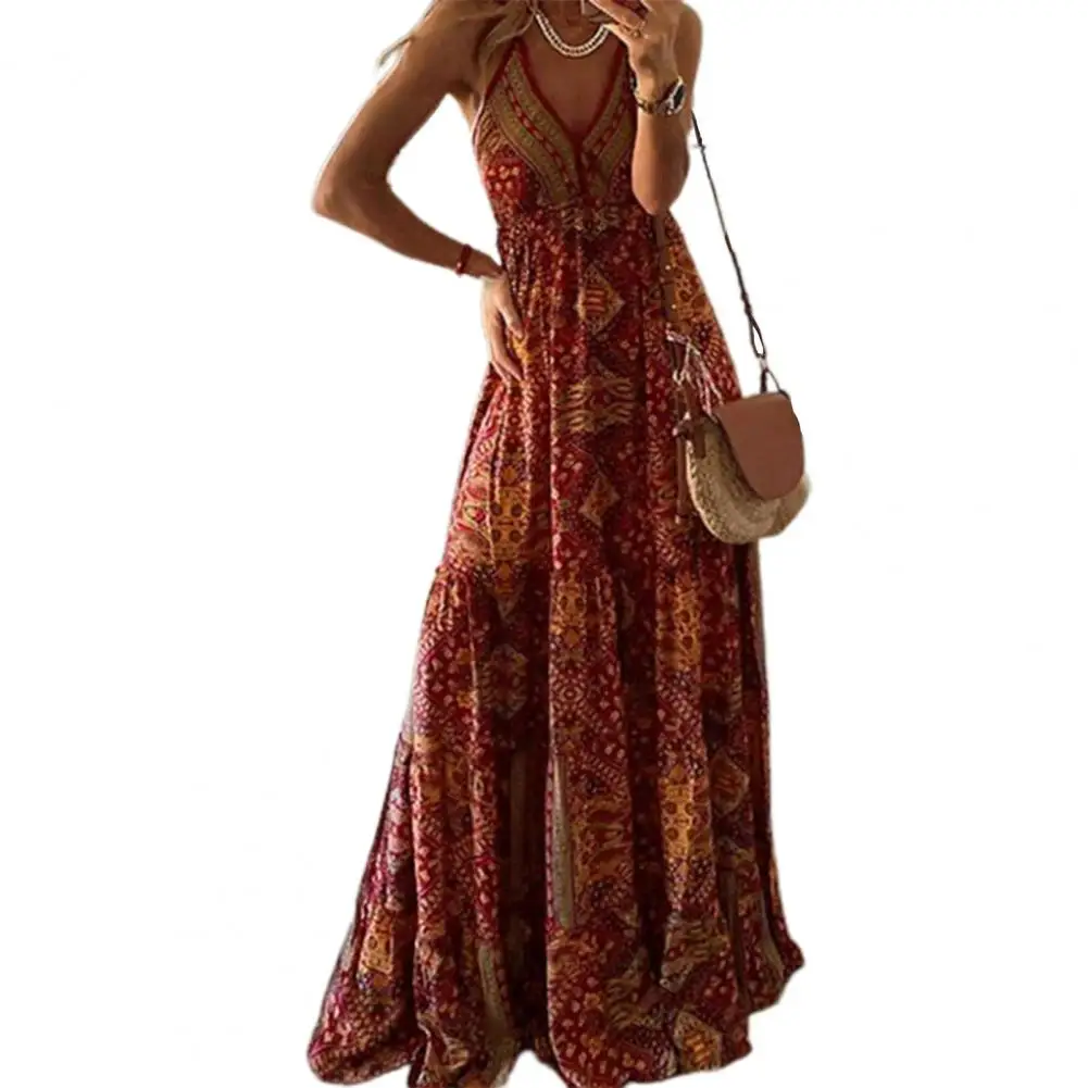 Vestido Boho com Estampa Floral e Decote em V, Vestido Maxi de Verão com Estilo Doce, Cintura Elástica e Sem Mangas