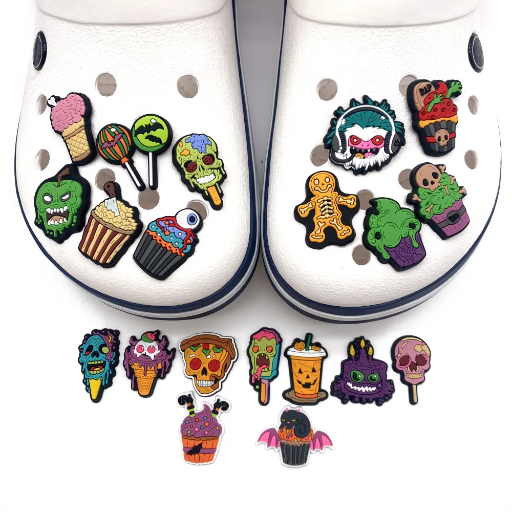 Cartoon 20pcs Halloween Horror Food PVC Shoe Charm Skeleton Ice Cream DIY Detachable Bubble Clog Decor Kids XMas Party Gift