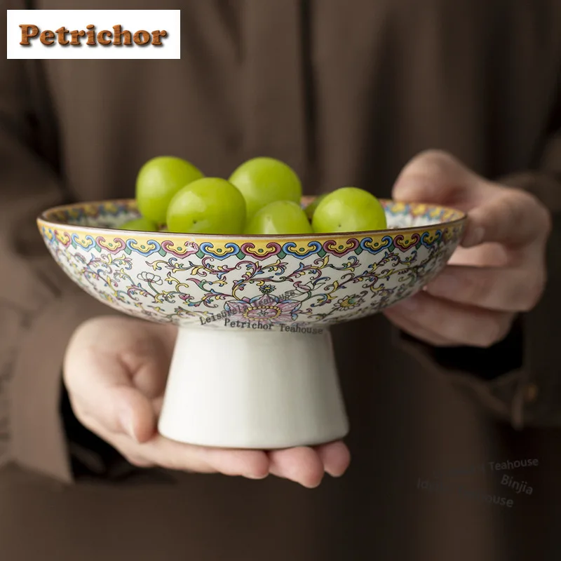 Ru Kiln High-legged Fruit Dishes Vintage Pastry Plate Candy Bar Dry Fruit Serving Tray Household Serving Tray Accessories Gift