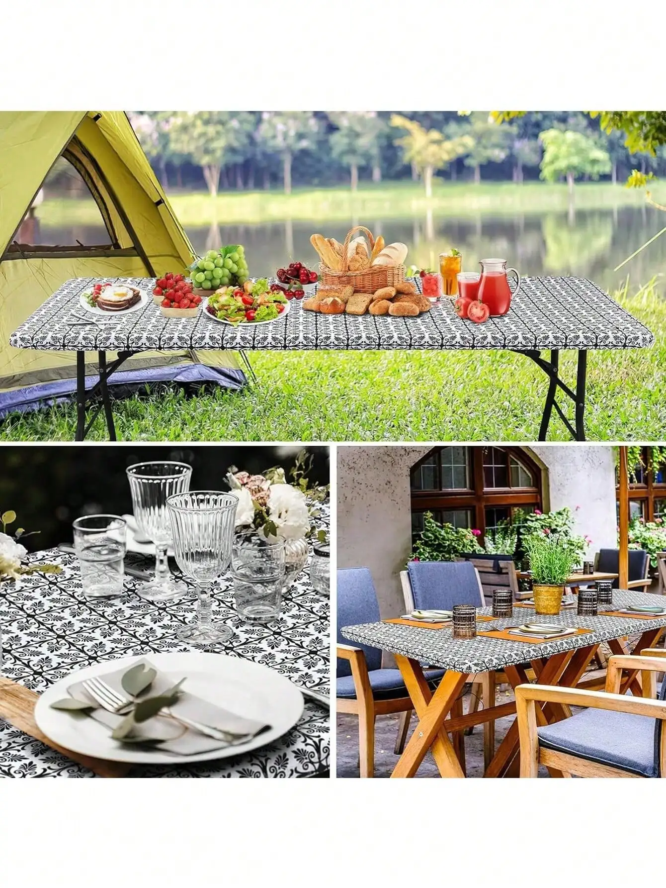 مفرش طاولة أنيق من الفينيل الباروكي - مقاوم للماء، مدعوم بالصوف مع حافة مرنة للنزهات والتخييم والحفلات |   ديكور المنزل والخارجي