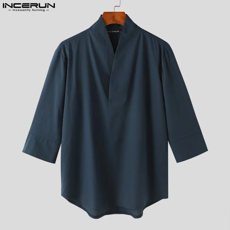 INCERUN Tops 2024 Korean Style Men\'s Solid Color Ethnic Style Shirts Casual Simple Male Well Fitting Short Sleeved Blouse S-5XL