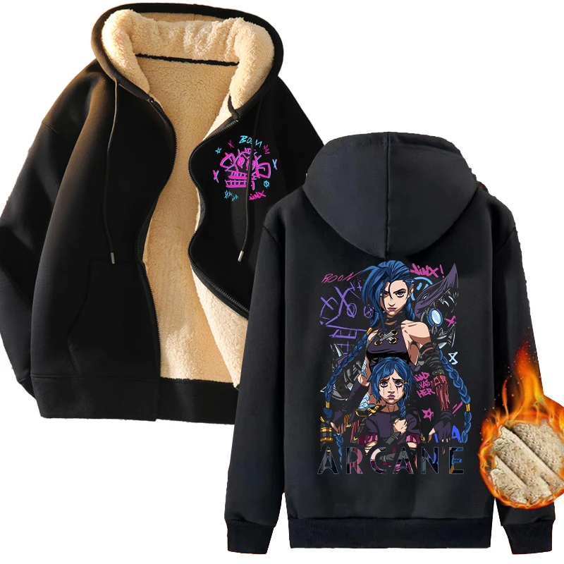 New Arcane Jinx Zip Up Hoodie Men Anime Hoodies Thickened Warm Hooded Sweatshirts Casual Sports Coat 2024 Winter Women Clothing