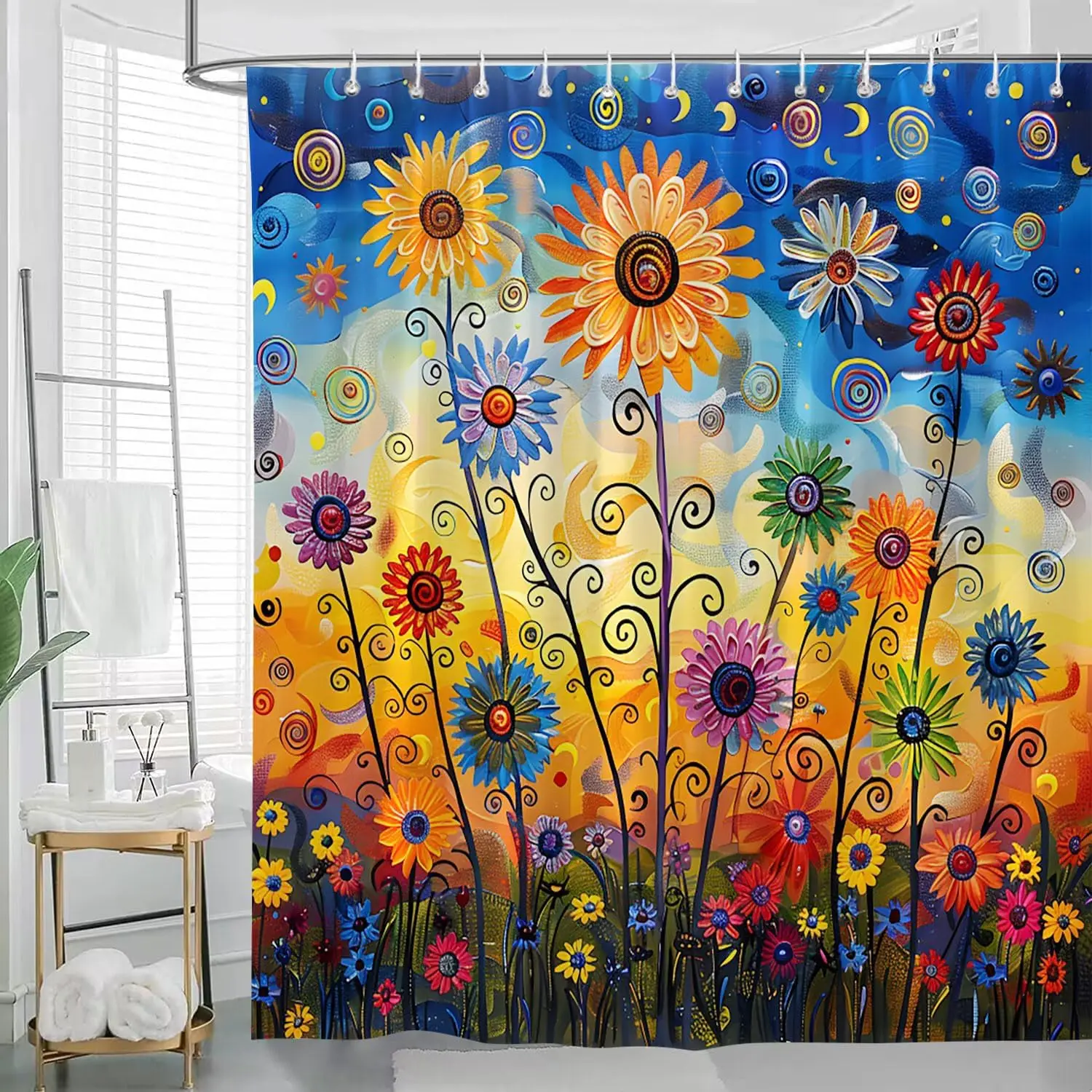 Boho Floral Botanical Shower Curtain Mid Century Morden Abstract Bohemian Flowers Tropical Leaves Dark Green Bohemian Flowers