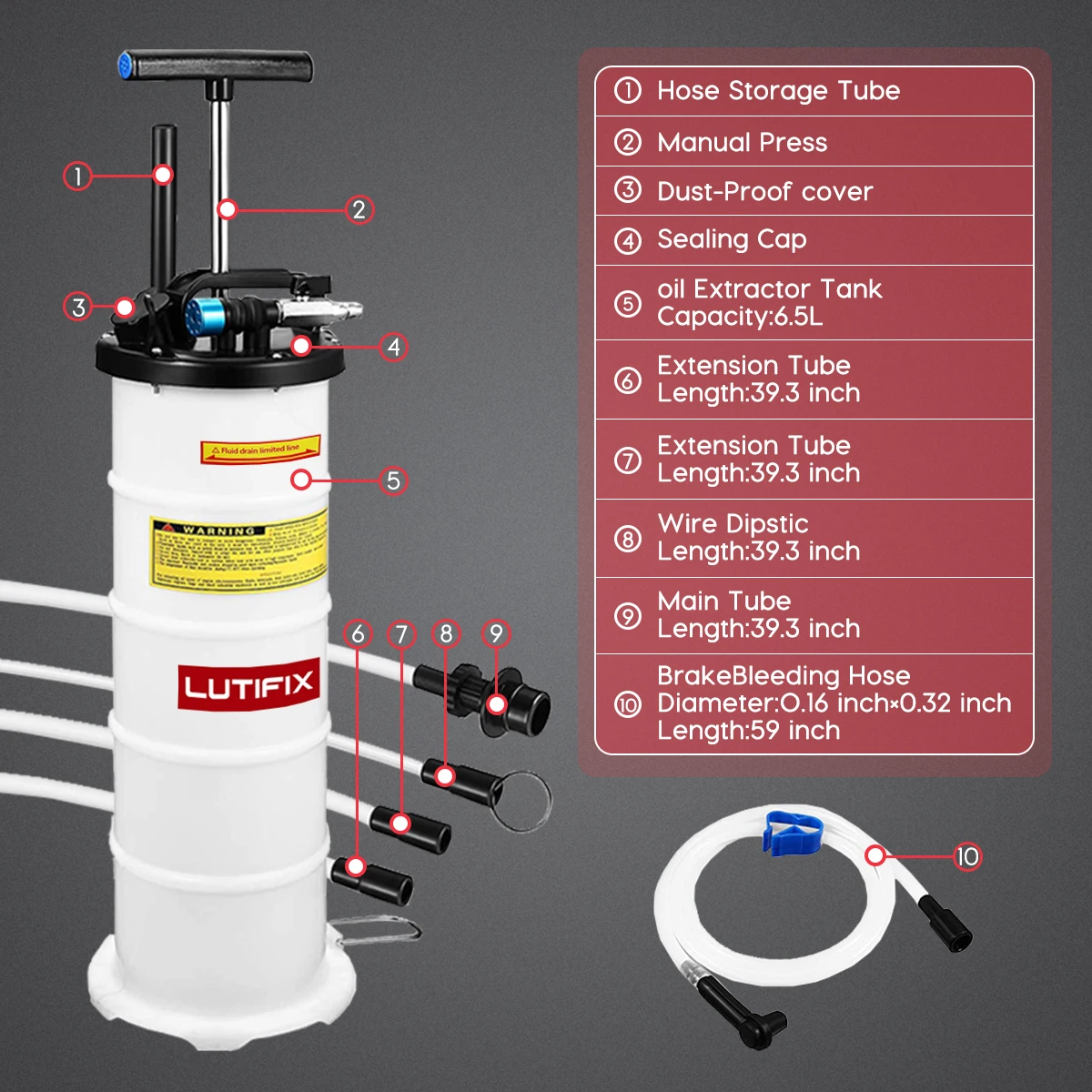

Насос для извлечения масла 6,5 л, насос для замены масла, эвакуатор для жидкости, вакуумный насос для извлечения моторного масла, тормозная вода LUTIFIX, пневматический/ручной