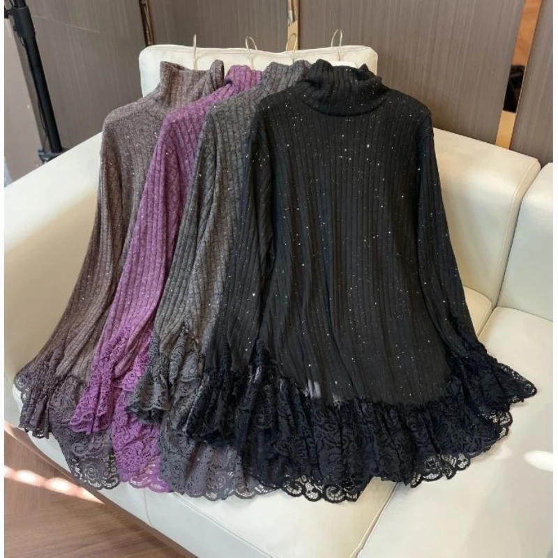 Jesienno-zimowe swetry damskie o średniej długości z golfem, nowa moda 2025, luźne, codzienne, koronkowe pulowery, bluzki, odzież wierzchnia damska.